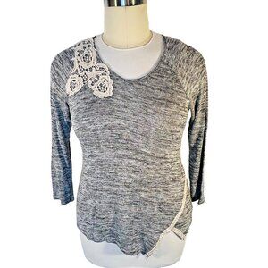 One World - Gray Knit Tunic Women's PXL Long Sleeve V-Neck Crochet Accent NWT